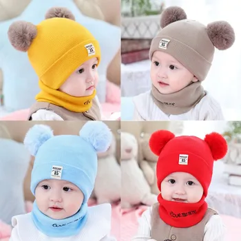 귀여운 곰 프린트 울 니트 풀오버 귀 보호 턱받이, 따뜻한 모자, 2024 년 가을 겨울