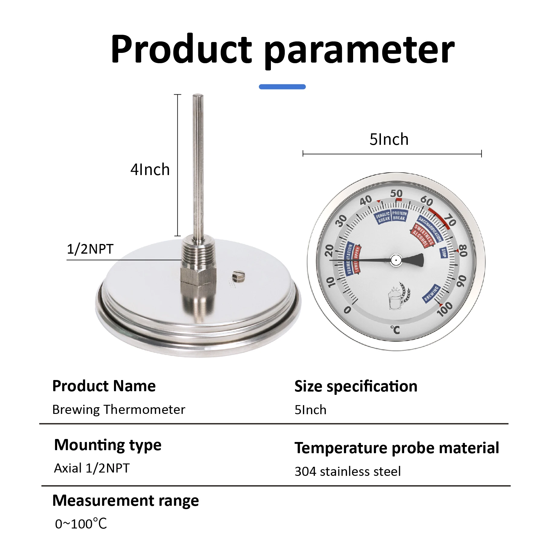 Stainless Steel Dial Bimetal Probe Thermometer Household Boiler Brewing Distilled Water Alcohol Thermometer Accessories 6