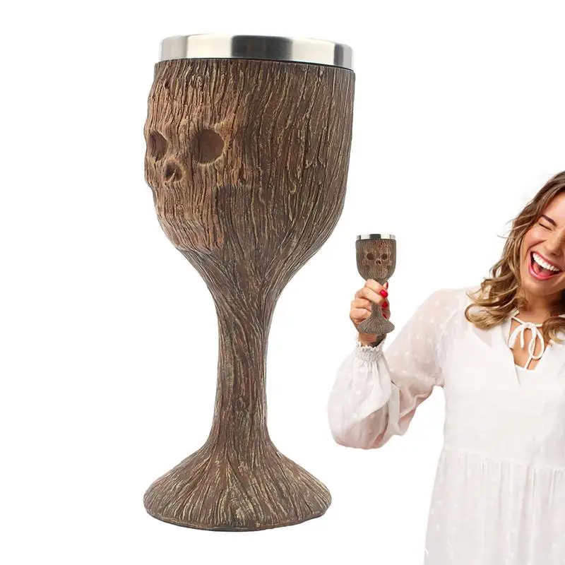 

Gothic Wine Glass Realistic Skull Wine Glass Resin Wood Texture 200ml Retro Medieval Goblet For Household Decoration Halloween