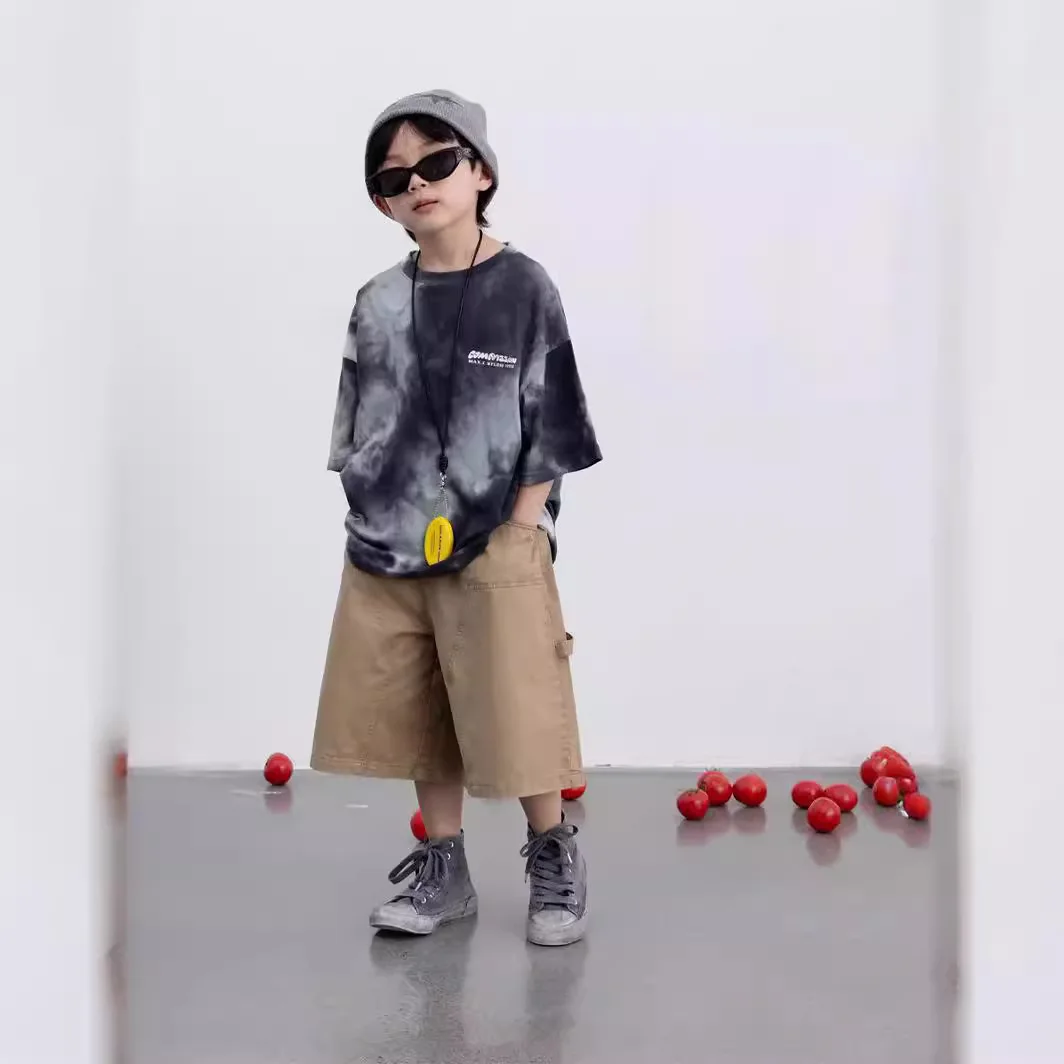 

Children Fashion Loose Short Sleeve 2024 Summer New Korean Boys Handsome Printed T Shirt Pure Cotton Comfortable Short Sleeve