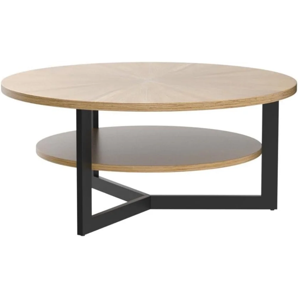 Wood Round Coffee Table for Living Room, 2 Tier Circle Coffee Table with Storage, Rustic Natural Coffee Table for Apartment, Eas 5