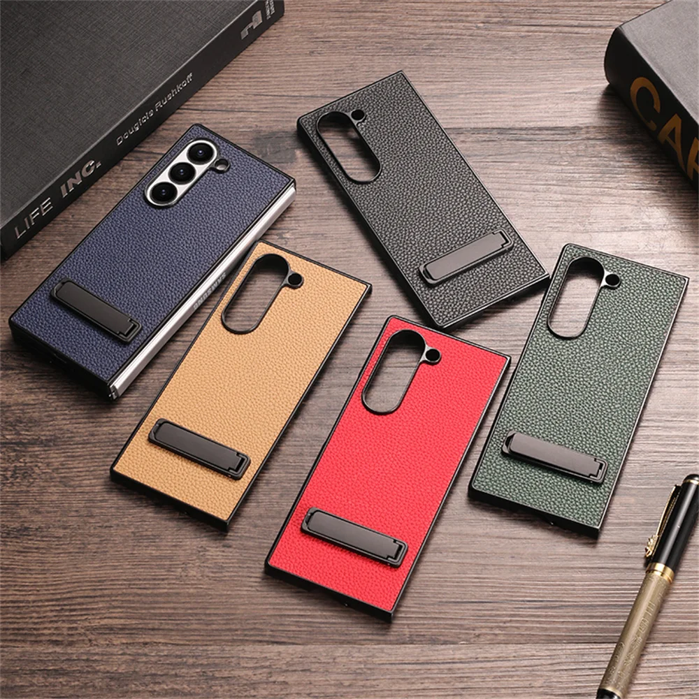 Elegant Litchi Leather Invisible Bracket Case with Stand Holder and Thin Bumper Design
