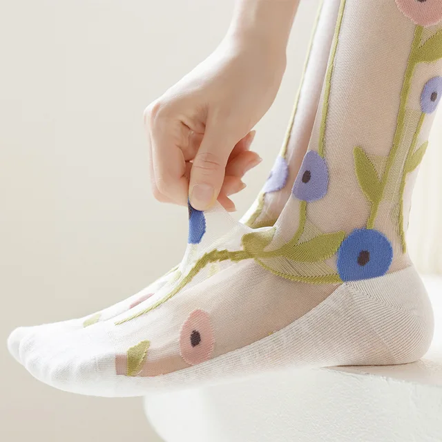 Summer Ultra-thin Nylon Long Socks Stockings See Through Transparent Knee High Socks Floral Print Japanese Kawaii Cute Stockings 5