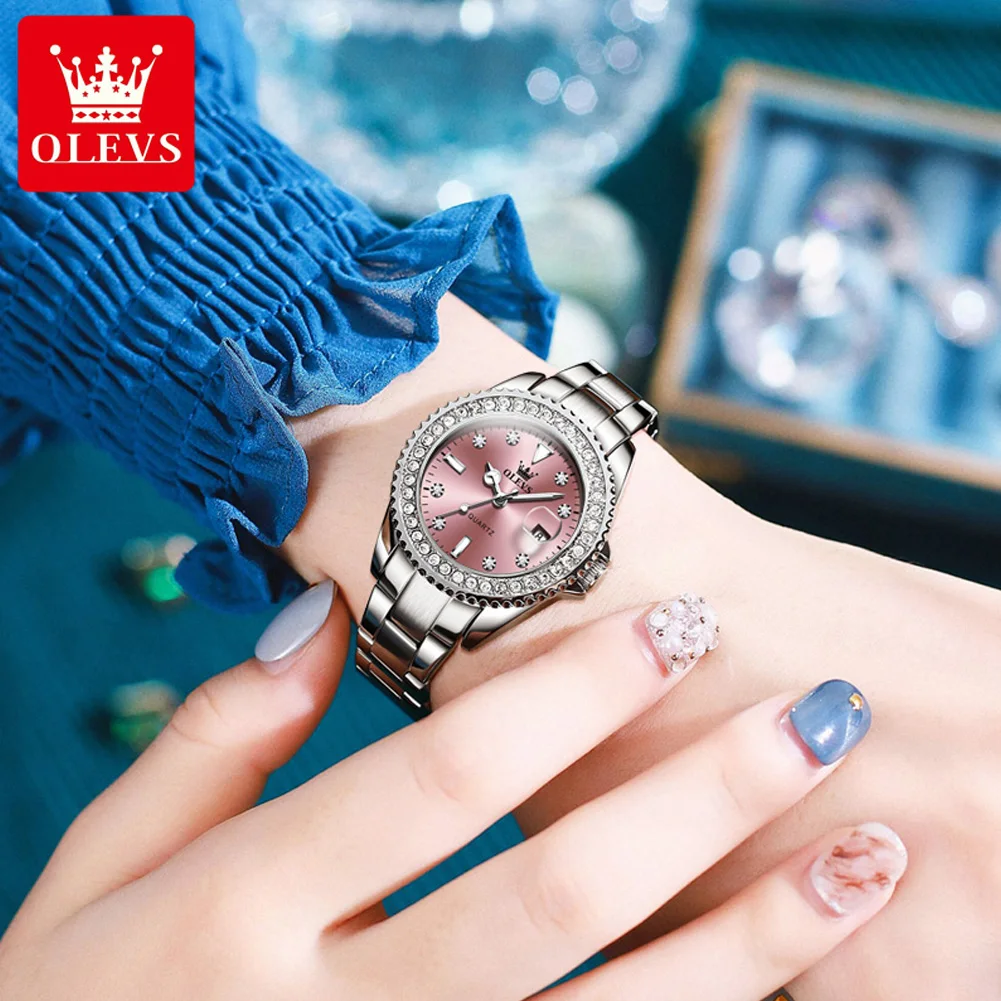 OLEVS Women Watches Top Brand Luxury Diamond Quartz Watch Women Stainless Steel Waterproof Calendar Fashion Wristwatch Ladies