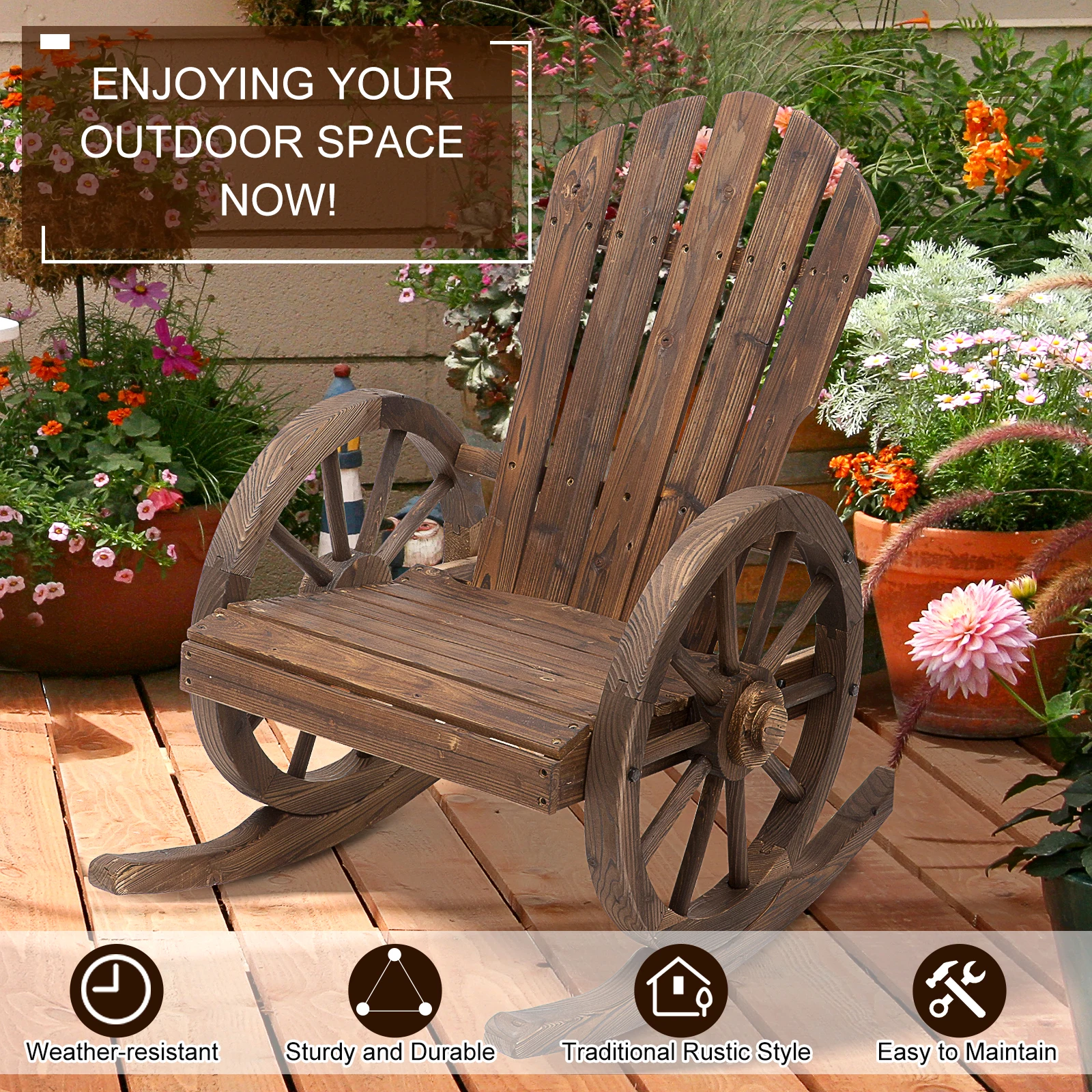 Rustic Wood Adirondack Rocking Patio Chair w/ Slatted Design, Wheel Armrests 4