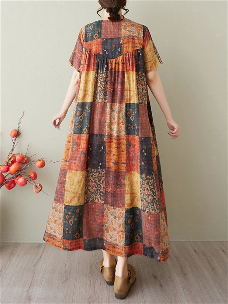 Summer Cotton Vintage Casual Loose Print Dresses For Women Short Sleeve Dress Femme Vestidos Elegant Office Lady Work Clothing