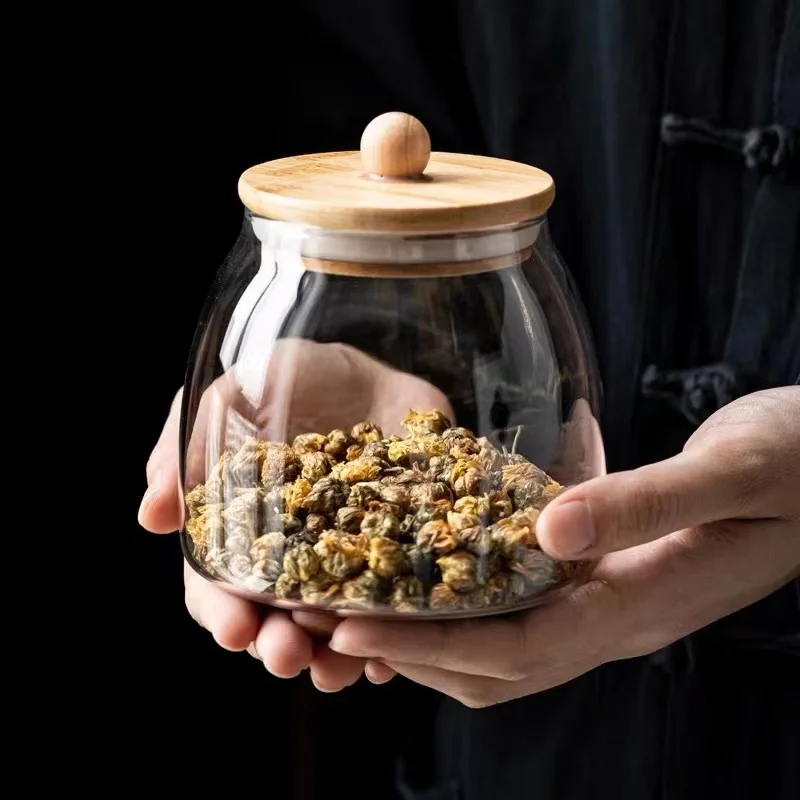 Wooden Lid Glass Sealed Jar Food Container Tea candy Kitchen Storage Bottle Jar Large Capacity Sealed For Kitchen Organizer Tool Storage Jar