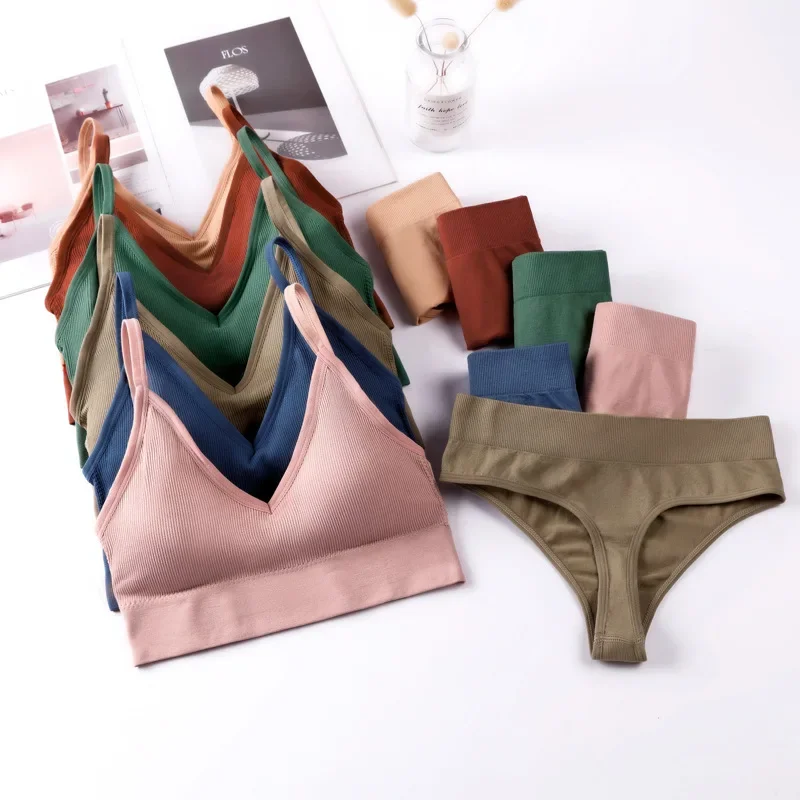 French Backless Push Up Underwear Set Women Sexy G String Seamless Bralette Female Lingerie Soft Tank Crop Top Gym Sport Bra Set women lingerie set women underwear set sexy bra set
