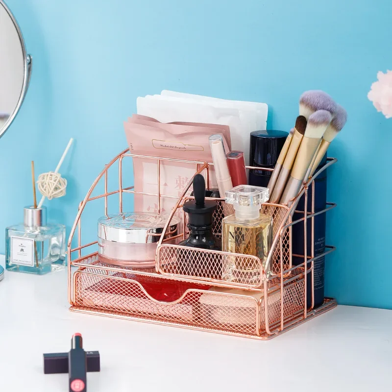 Desktop Storage Box Rose Gold Mesh Metal Office Supplies Accessories with Drawer for Home Office Makeup Organizer