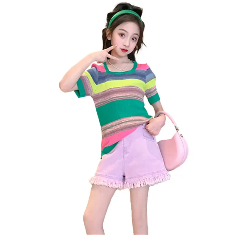 

Hot Sale Girls Candy Color Clothes 2023 Summer Knit Top+Shorts Fashion Korea 2PCS Children Clothing Set Teen Costume 8 10 12Yrs