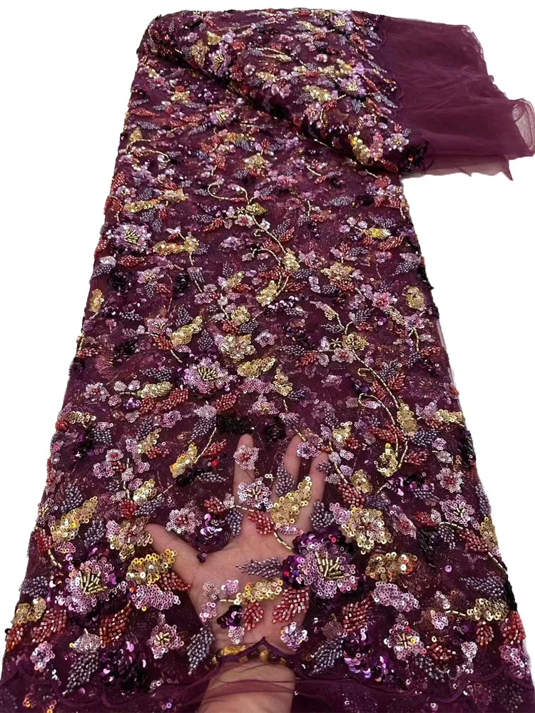 

Heavy Bead And Sequins Lace Fabric High End Embroidery African Lace Fabric 2023 High Quality Purple Net French Lace for Women
