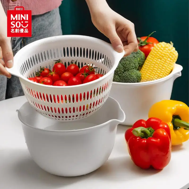 

MINISO kawaii Double Layer Hollow Water Filter Basket Vegetable Wash Basin Plastic Drain Vegetable Basket Household Kitchen