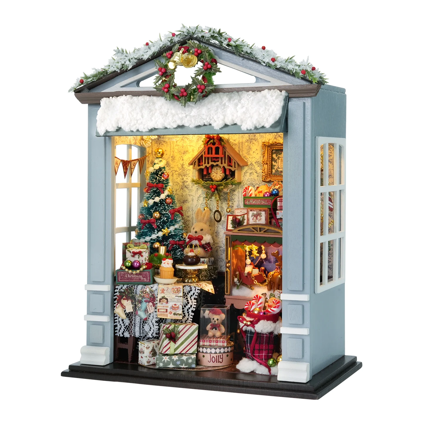 Juego de casa de muñecas de cabana navideña en miniatura, modelo de ensamblaje de rompecabezas 3D, conjunto hecho a mano, decoración de dormitorio, manualidades, juguetes, regalos de cumpleaños