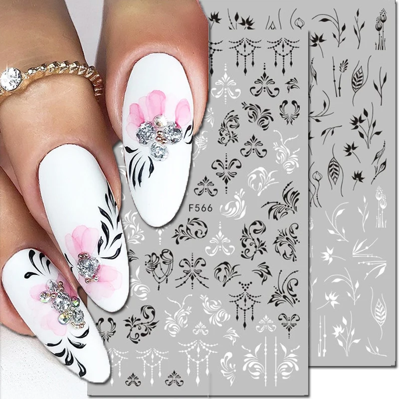 

3d Nail Art Decals Geometric Lines Laces Black White Flowers Leaves Adhesive Sliders Nail Stickers Decoration For Manicures