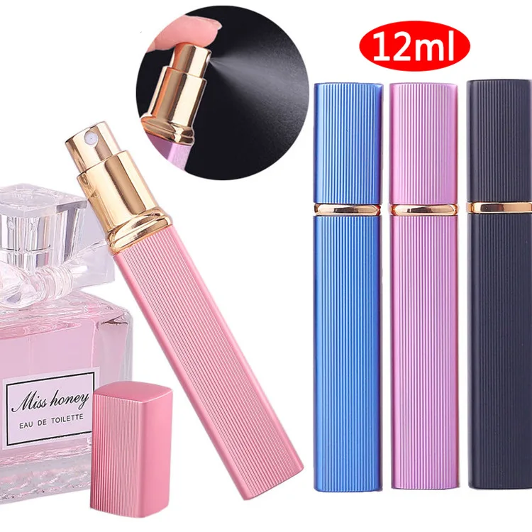 6 색 금속 케이스 유리 탱크 향수병 알루미늄 노즐 스프레이 리필용 병, 퍼퓸 화장품 유리 용기 12ml