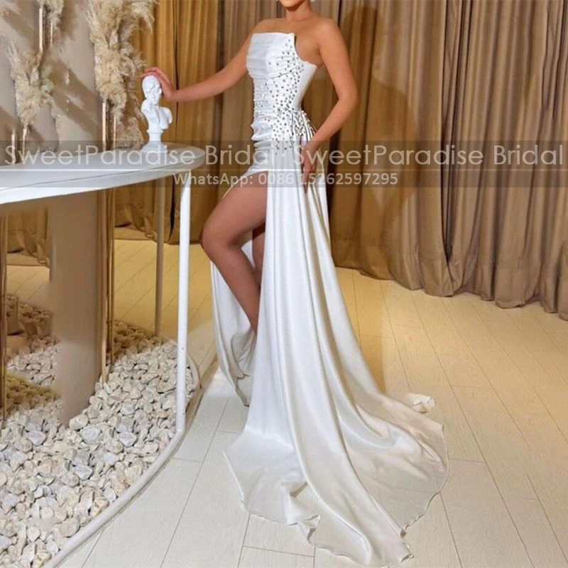 

White Heavily Beaded Long Evening Dress Side Split Mermaid Long Streamer Strapless Sheath Formal Party Dresses Gown