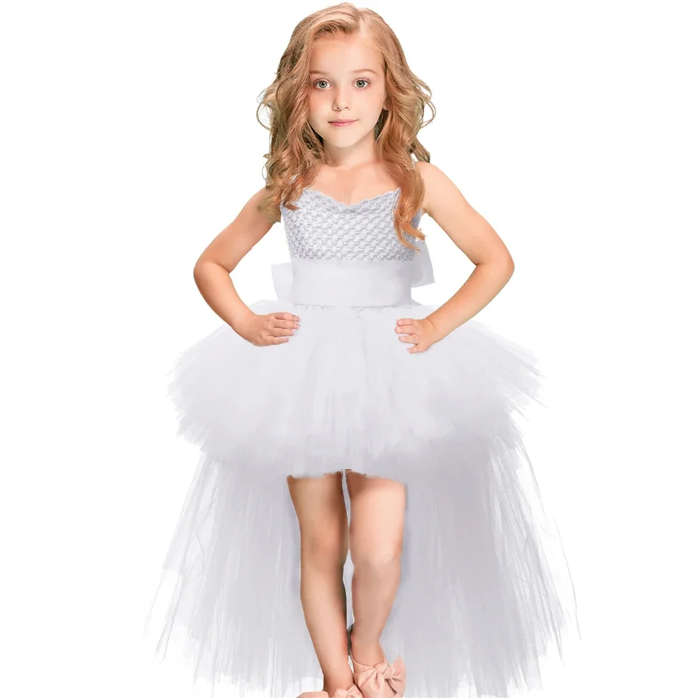 Kids Girls White Tutu Dress Train Tulle Flower Girl Dresses Party