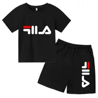 Ensemble de jogging décontracté d'été pour enfants : T-shirt blanc à col rond et manches courtes avec lettres noires + short – Idéal pour garçons et filles, parfait pour le sport et les activités de plein air 2