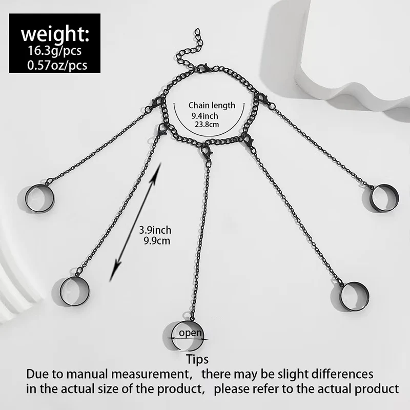 Punk Geometric Chain Wrist Bracelet Ring Women Men Open Ring Silver Link Chain Girls Cool Design Fashion Jewelry