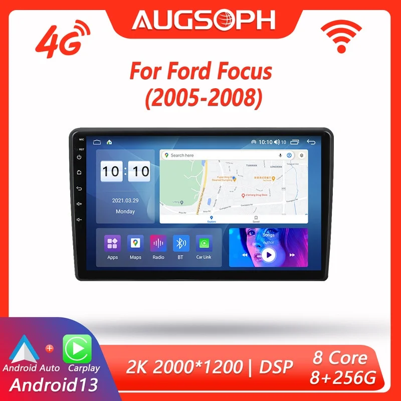 

Автомобильный радиоприемник Android 13 для Ford Focus 2005-2008, 9 дюймов 2K мультимедийный плеер с 4G Car Carplay и 2Din GPS