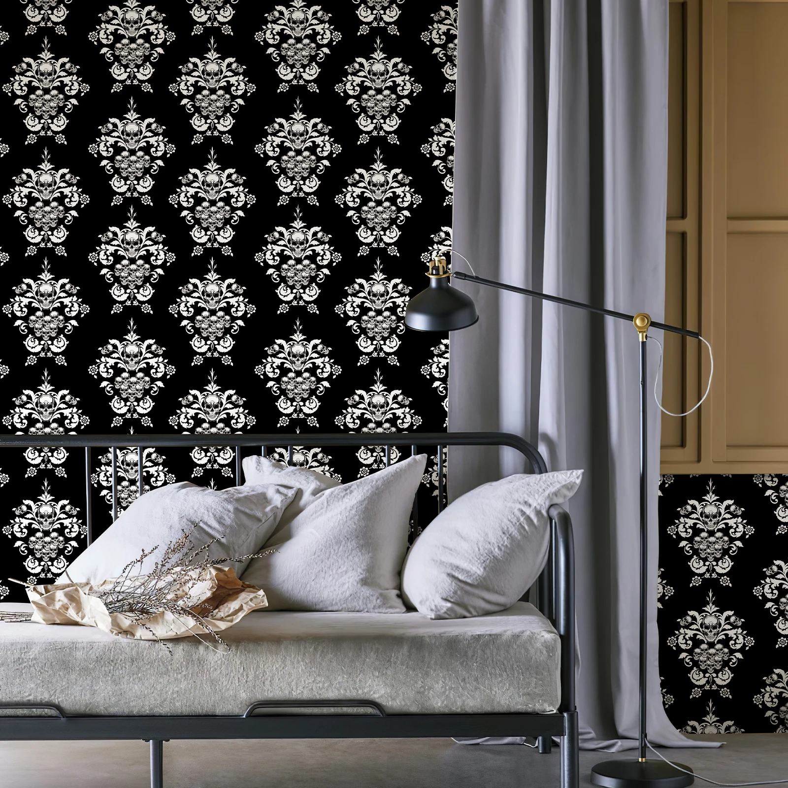 Halloween Black Skeleton Self-adhesive Wallpaper Retro Black Peel And Stick Skull Wallpaper Vintage Peel And Stick Contactpaper