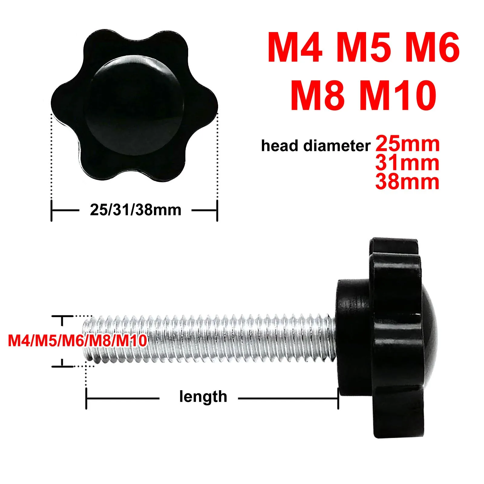 Star Shape Plastic Thumb Screw with Adjustable Hand Tightening (Length: 8mm-100mm)