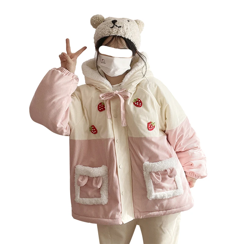 Japanese Women's Winter Jacket Kawaii Strawberry Rabbit Pink Blue