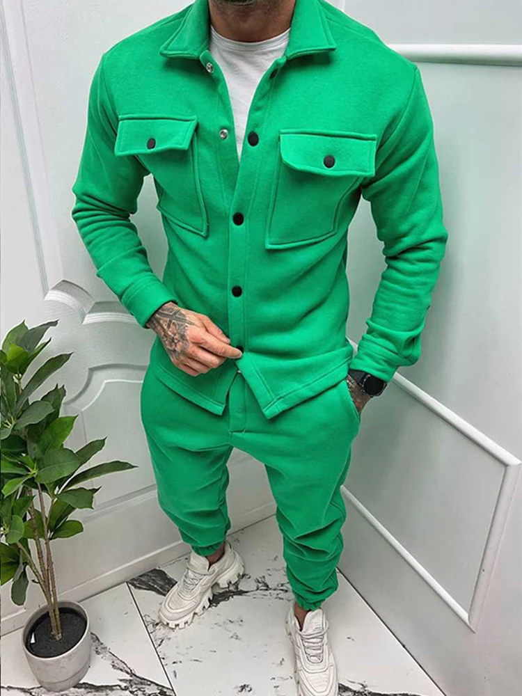 Party Men's Jacket and Pants Sets Pocket Overalls Male Fashion Suit Solid Color Autumn Winter Streetwear Tracksuit 2 Piece Set