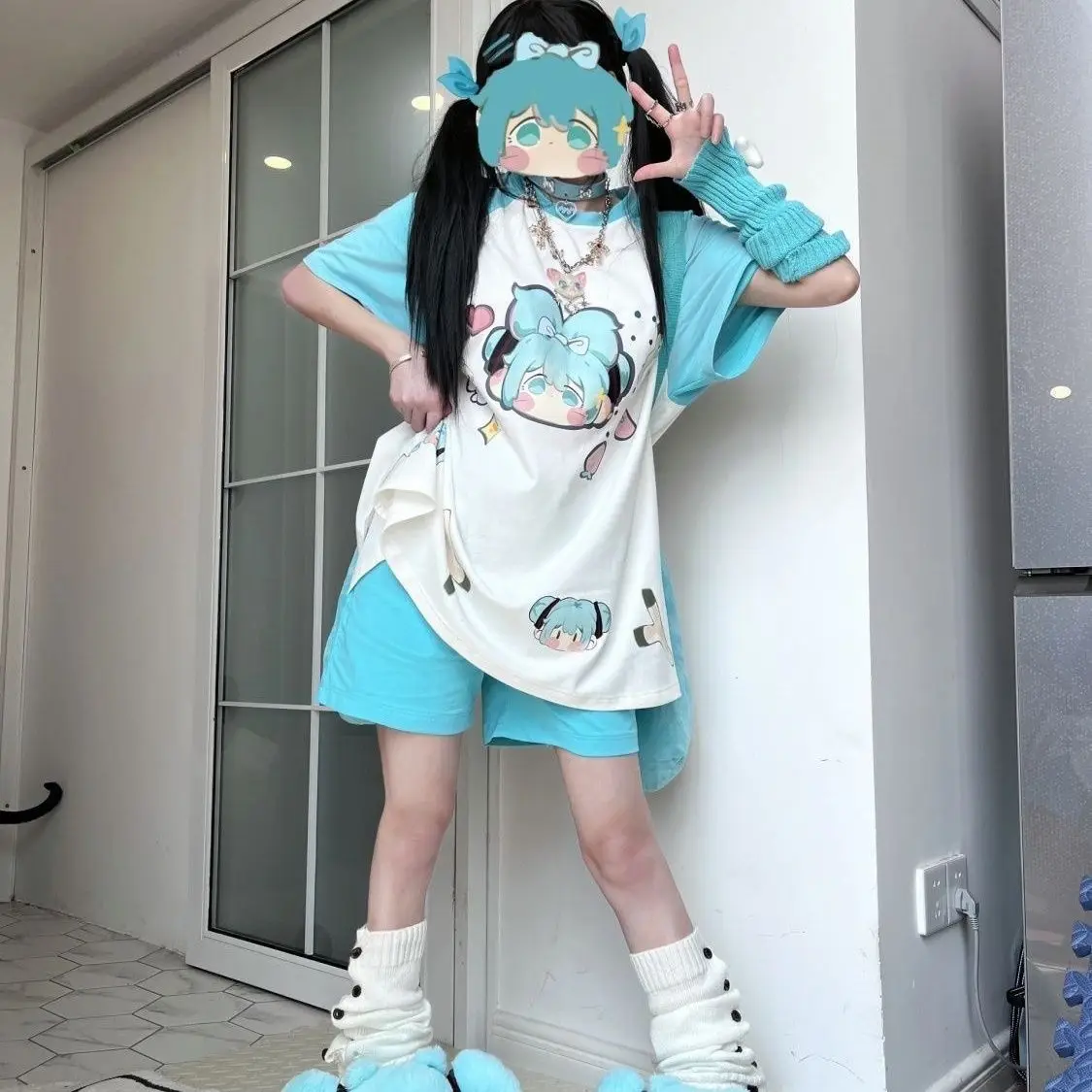 Hatsune Miku Lake Green Cartoon Print Sweet Summer Tee