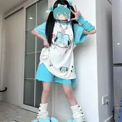 Hatsune Miku Lake Green Cartoon Print Sweet Summer Tee - S 35 - 45KG (Hatsune Miku)