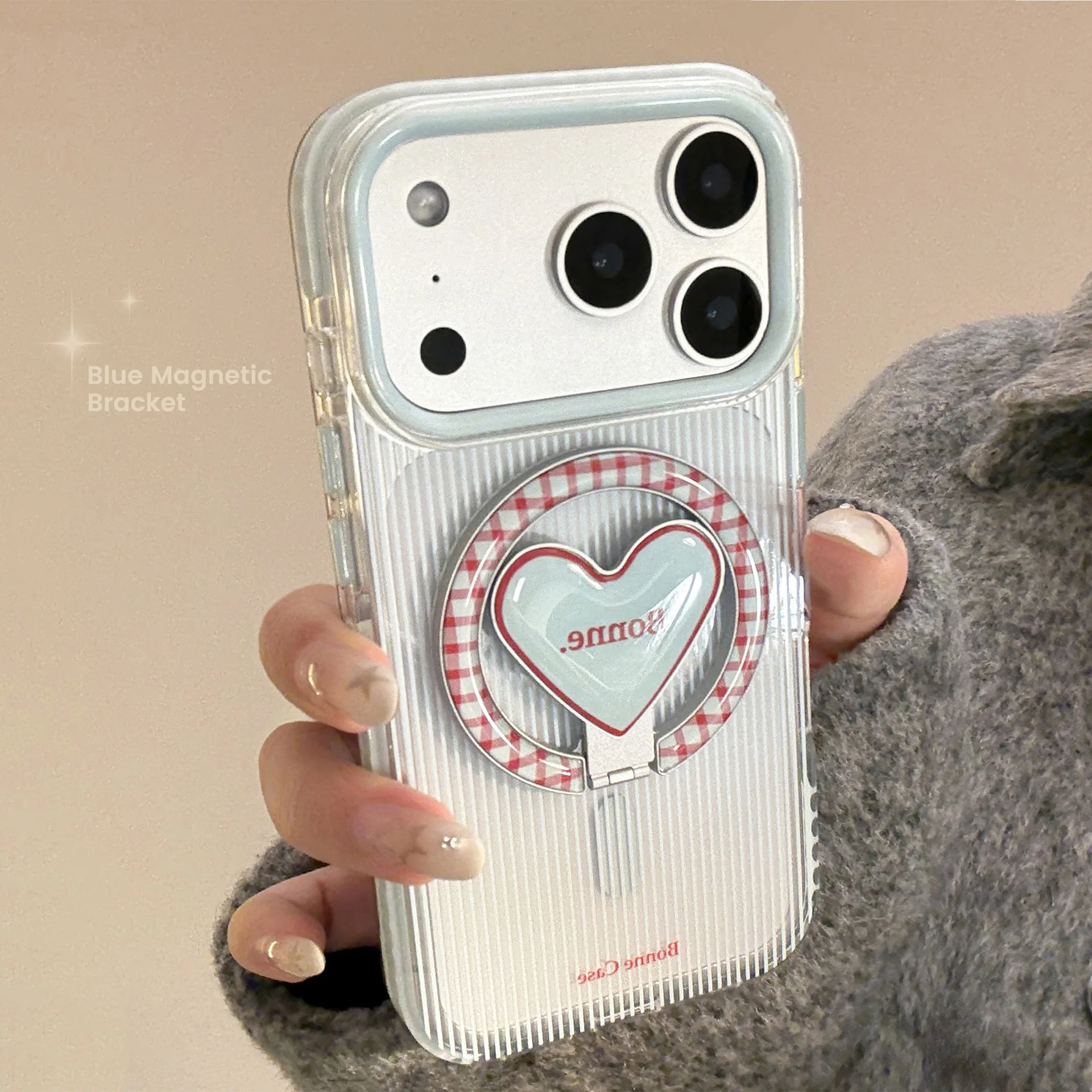 Elegant Striped Plaid Foldable Heart Bracket Magnetic Phone Case, Shockproof Soft Cover