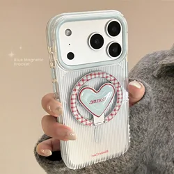 Elegant Striped Plaid Foldable Heart Bracket Magnetic Phone Case, Shockproof Soft Cover - iPhone 12 Pro Max (With holder)