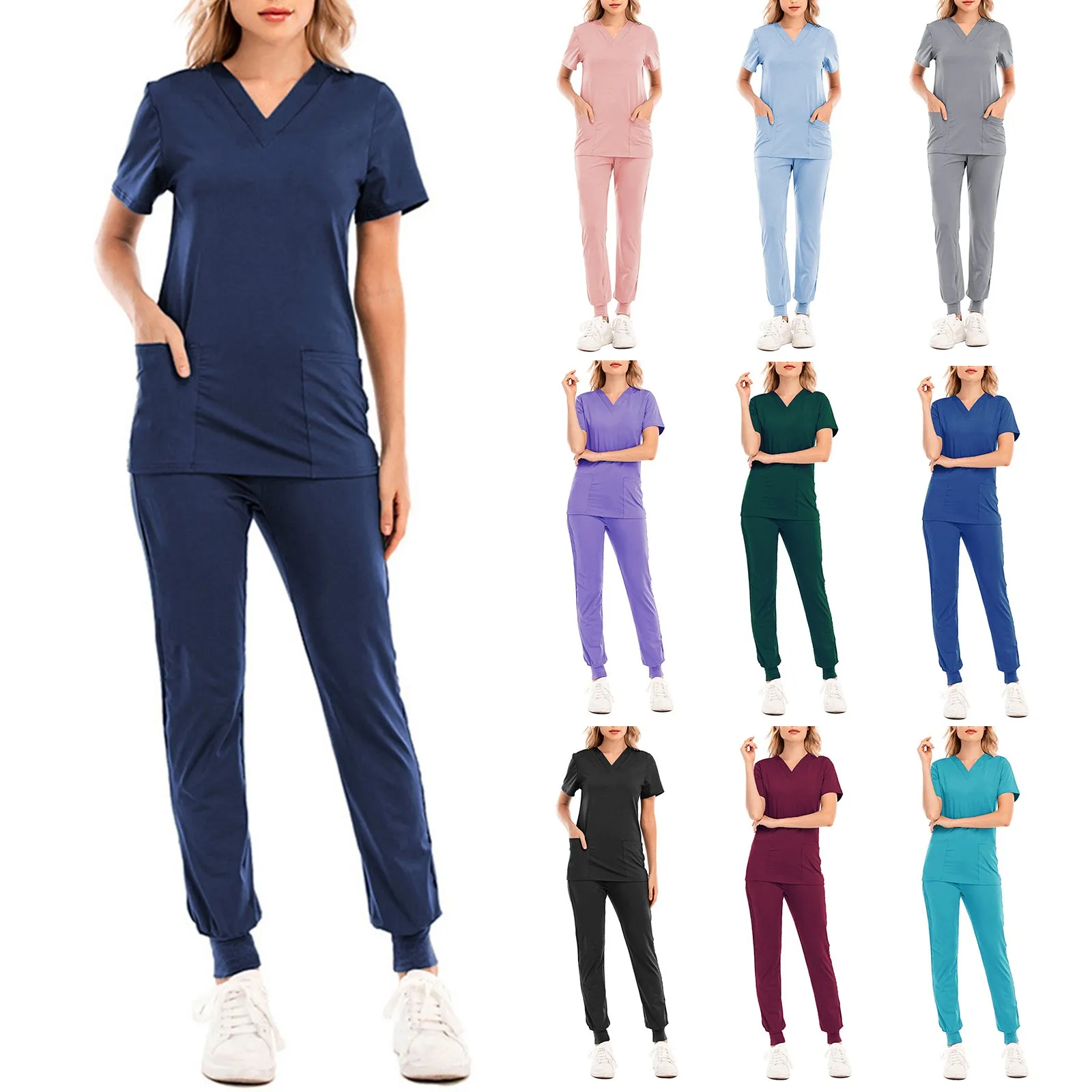 

Nursing Uniforms Two Piece Unisex Shorts Scrub Sets Sleeve Pocket Top Tee Loose Pants Beauty Salon Workwear Overalls Plus Size