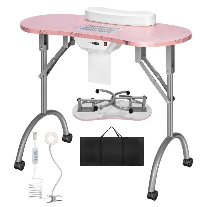 

VIVOHOME Portable Manicure Nail Table on Wheels with Built-in Dust Collector, Updated USB-Plug LED Table Lamp, Carry Bag