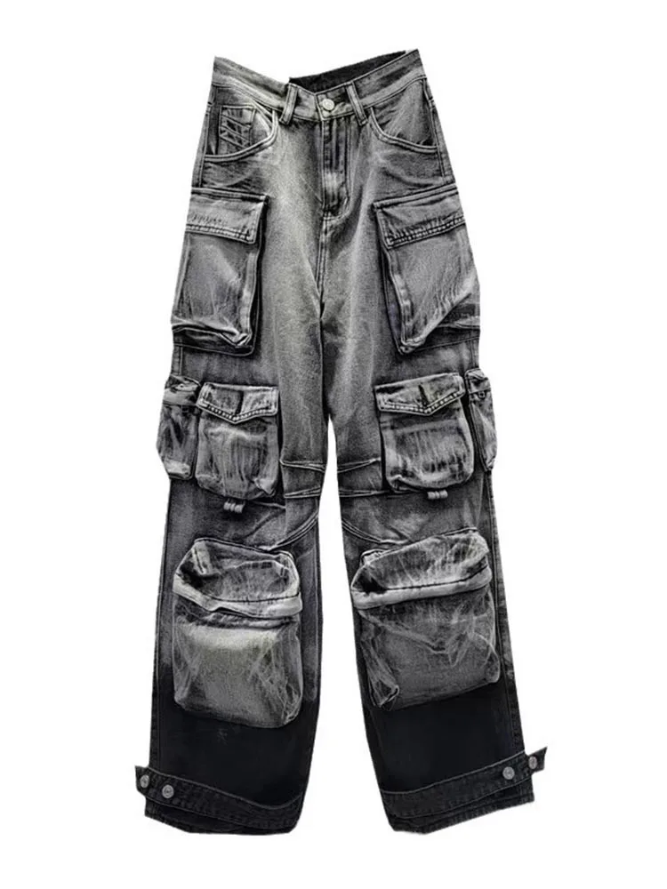DEAT Fashion Women's Jeans High Waist Multiple Pockets Water