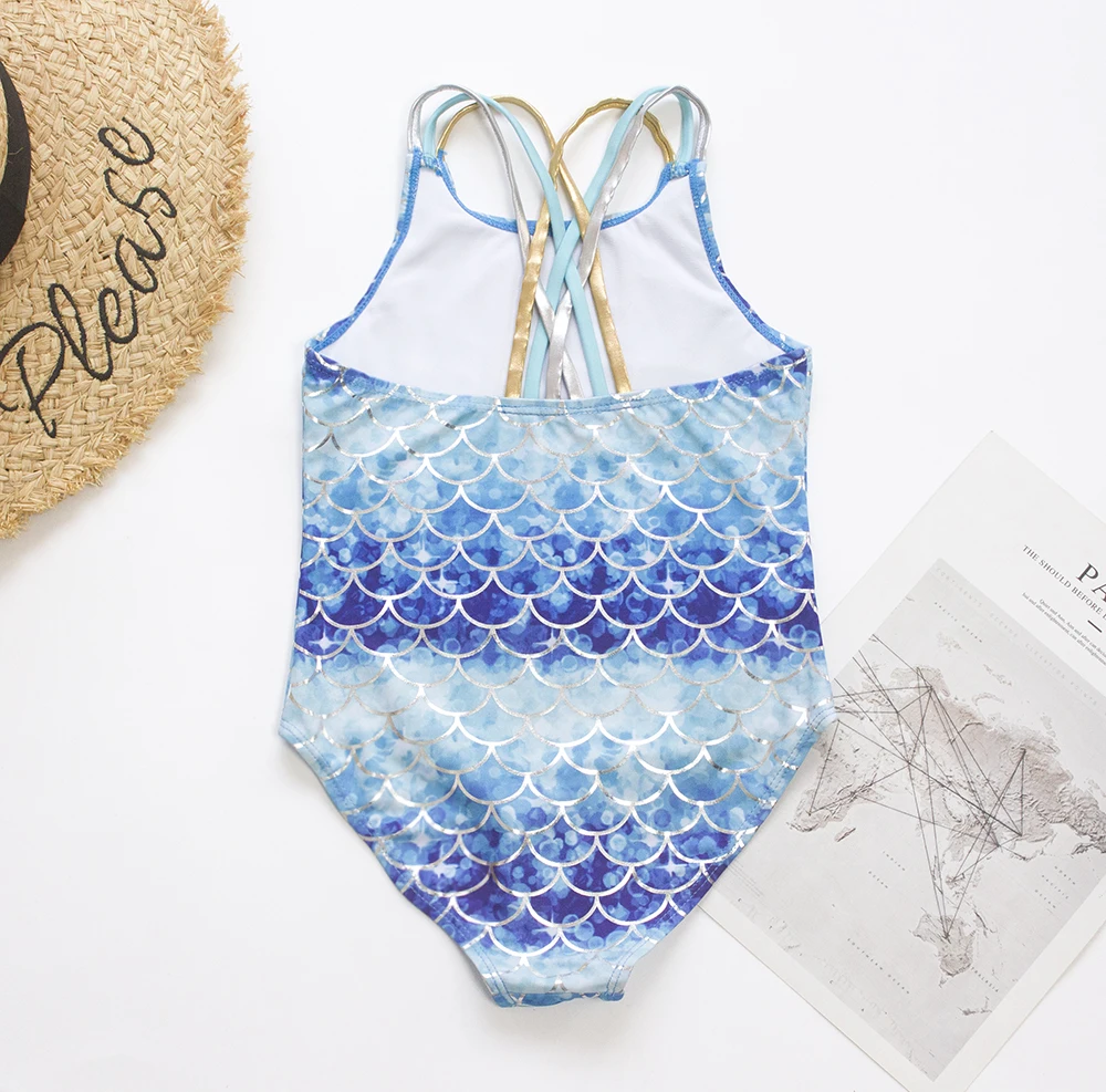 5-14Y Girls Kids Swimsuit New One Piece Swimwear Fish Scale Children's Swimwear Gradient Print One Piece Swimsuit for Girls