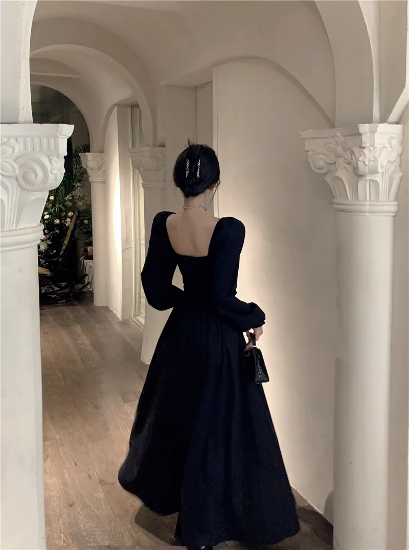 Elegant Black Long Dresses for Women Long Sleeve Square Collar Hollow Out High Slit Evening Party Dress Prom Robe Vestidos Mujer