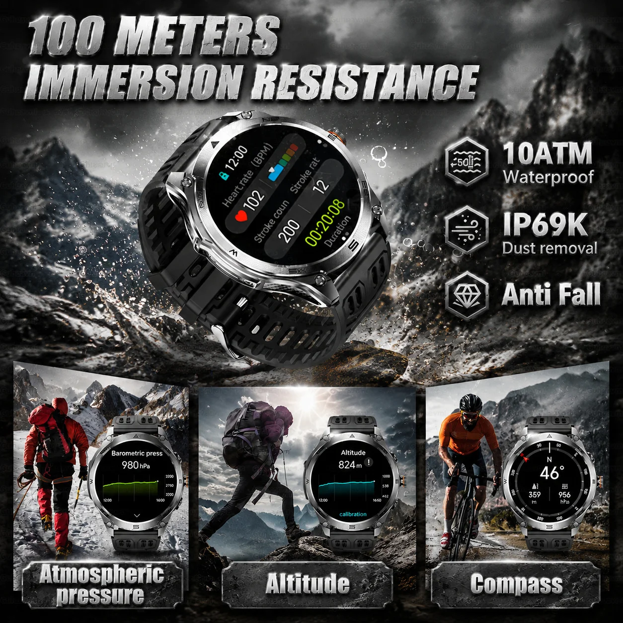 2026 New Military Smart Watch 1000Mah Battery GPS trace Compass 10ATM Waterproof Tactics Sport Flashlight call Smart Watch Men 3