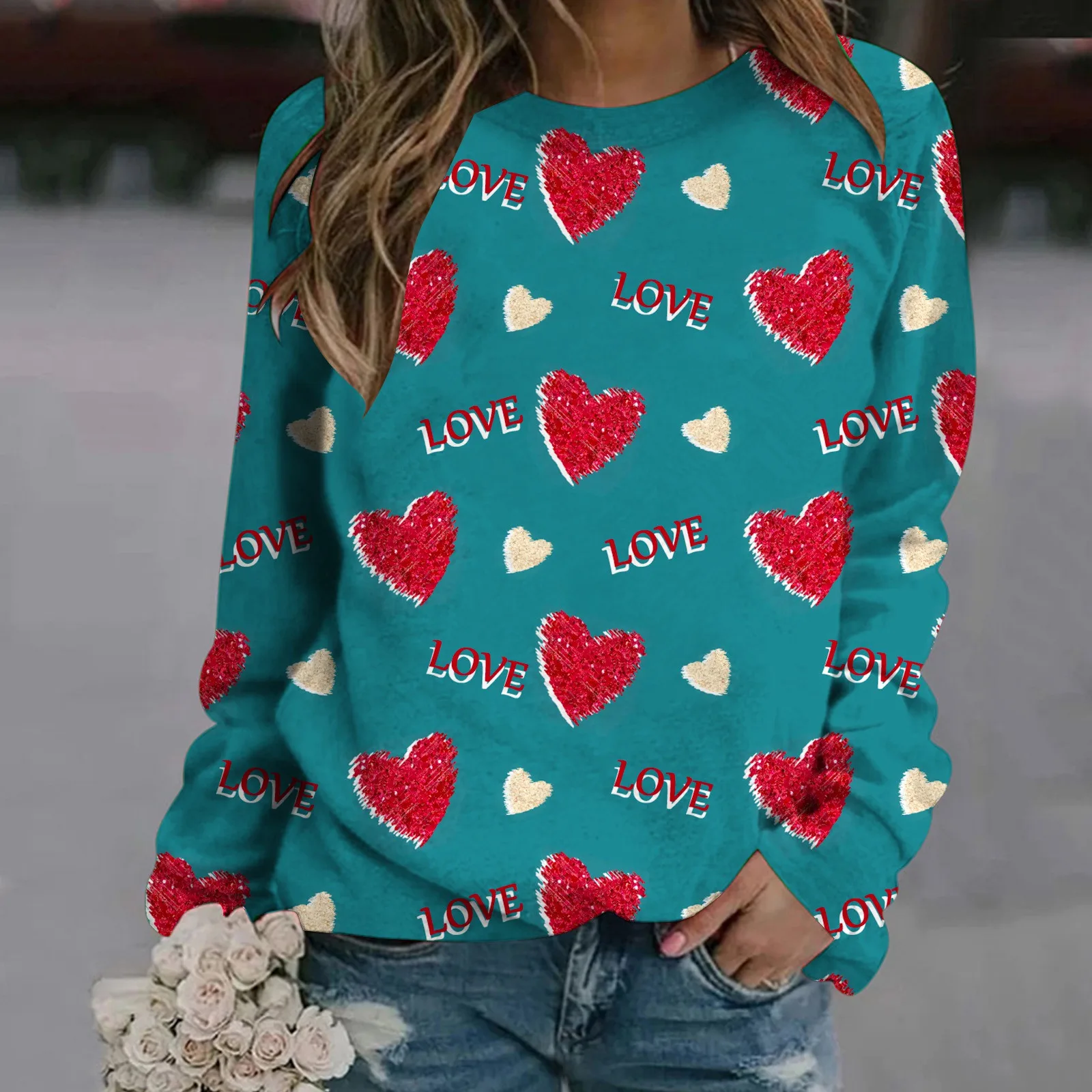 

Womens Fashion Autumn And Winter Valentines Day Love Print Round Neck Long Sleeve Casual Hatless Fleece Thin Jacket Women