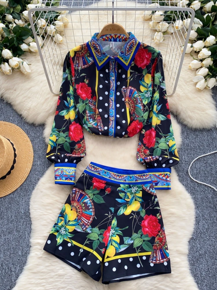 

Женский винтажный костюм из двух предметов, элегантный топ с рукавом-фонариком и шорты с широкими штанинами и высокой талией, летний костюм