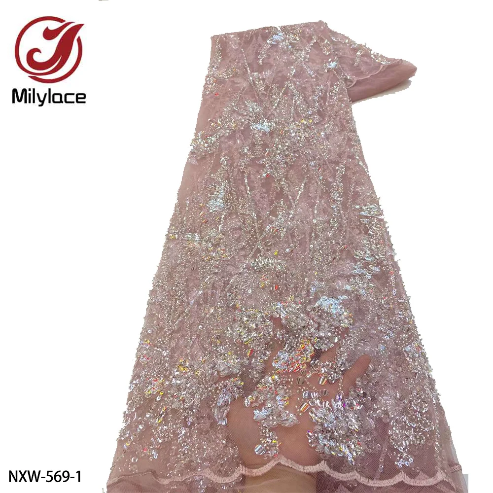 

Luxury African Sequin Lace Fabric Beaded Lace Embroidery Nigerian Tulle Lace for Wedding Evening Dress NXW-569
