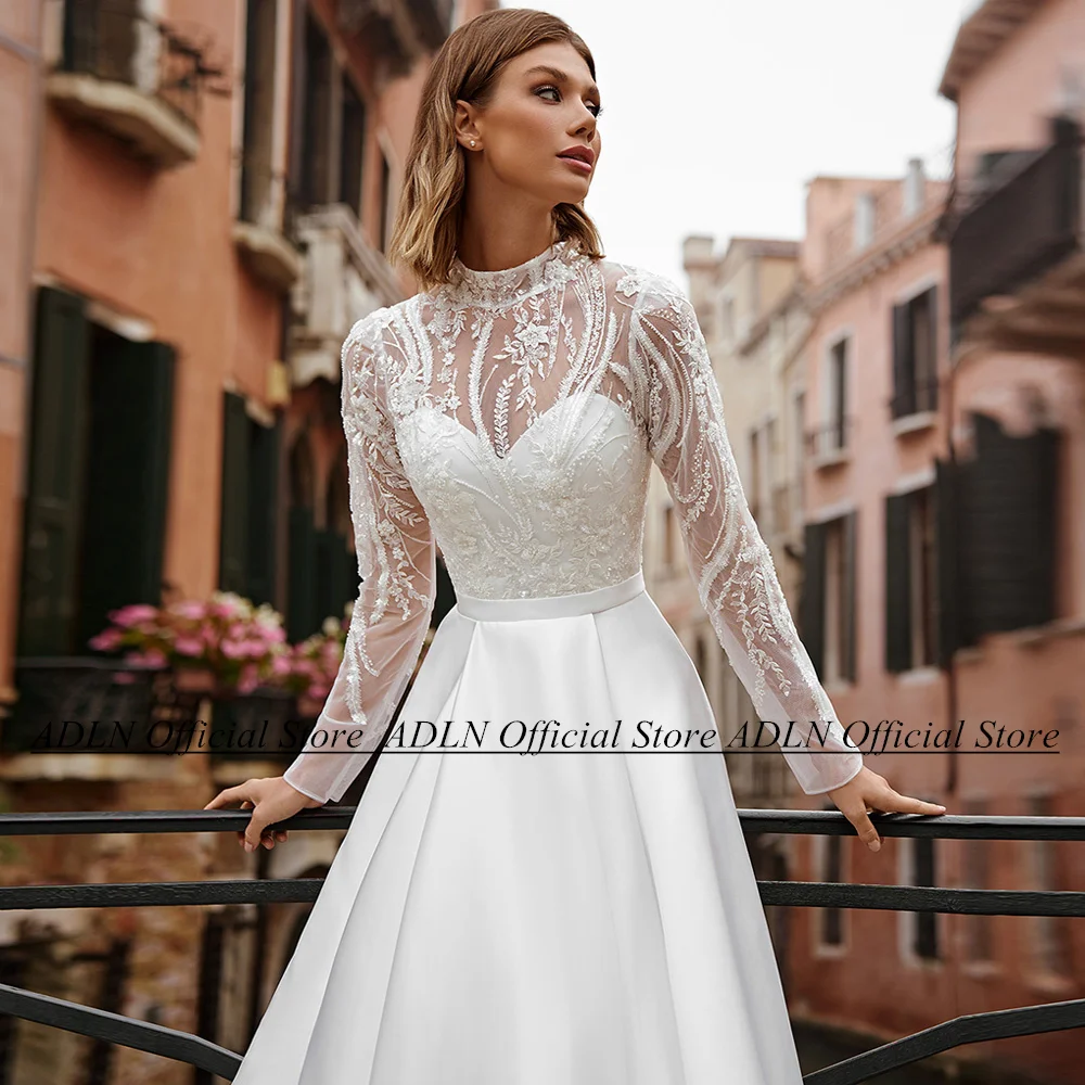 Fashion Wedding Dress High Neck Sheer Long Sleeves Sequined Applique A Line Satin Bride Dresses Woman Bridal Gown Vestido Noiva 3