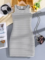 Jupe moulante à rayures pour filles, vêtements décontractés, mode printemps et été, micro-élastique, col rond, sans manches, été cool temporairement 1