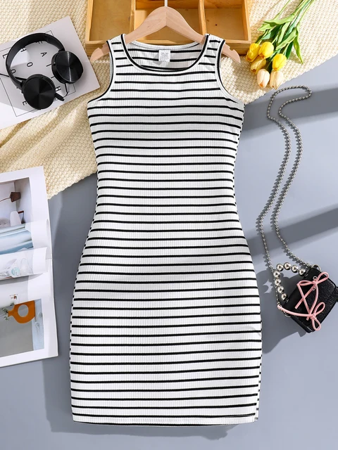 Jupe moulante à rayures pour filles, vêtements décontractés, mode printemps et été, micro-élastique, col rond, sans manches, été cool temporairement 1