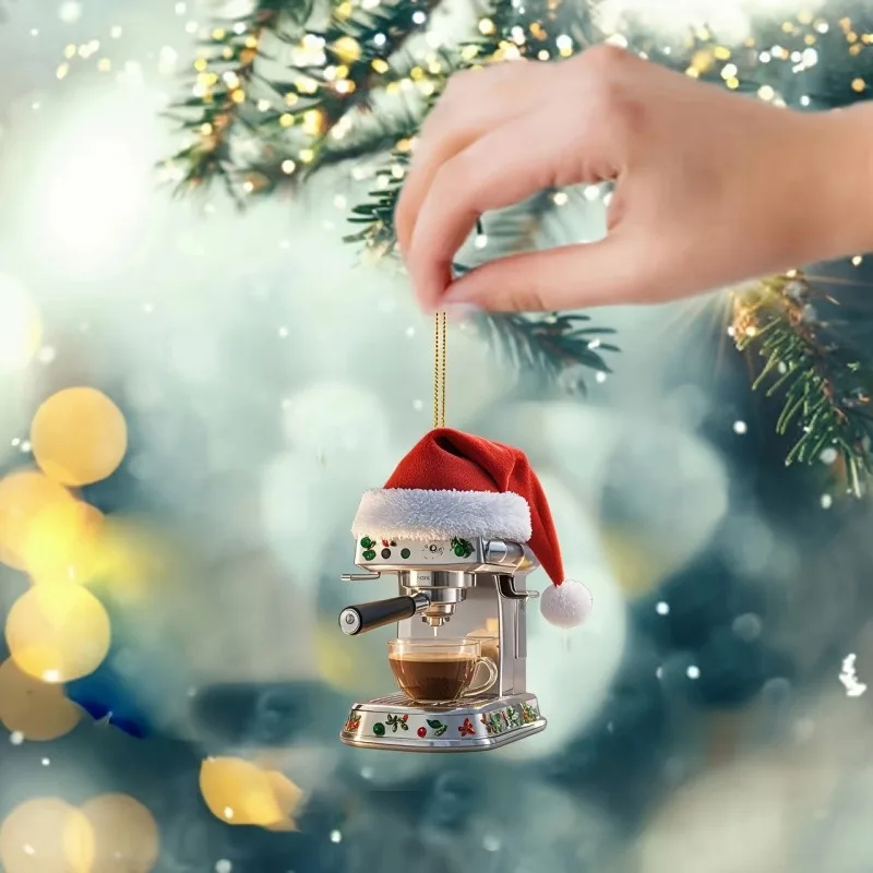 2D New Christmas Tree Red Hat Coffee Pot Charm - Car Interior Decoration, Festive Hanging Ornament for Holiday Vehicle Decor