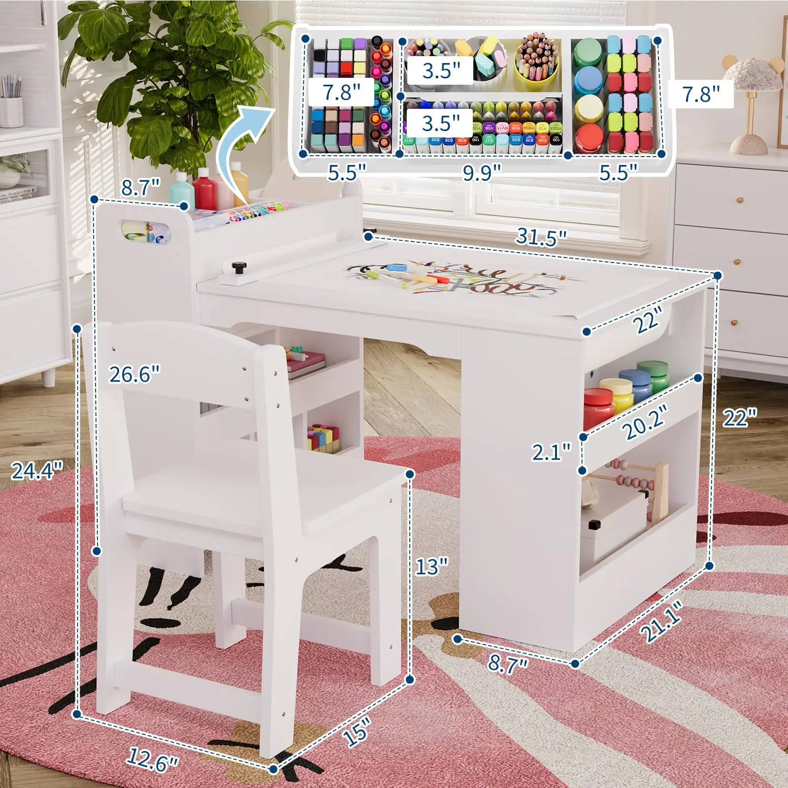 Kinder-Kunsttisch mit 2 Stühlen, Kleinkind-Basteltisch aus Holz mit Großen Aufbewahrungsregalen zum Schreiben und Zeichnen, Kinderzimmer – Detail 15