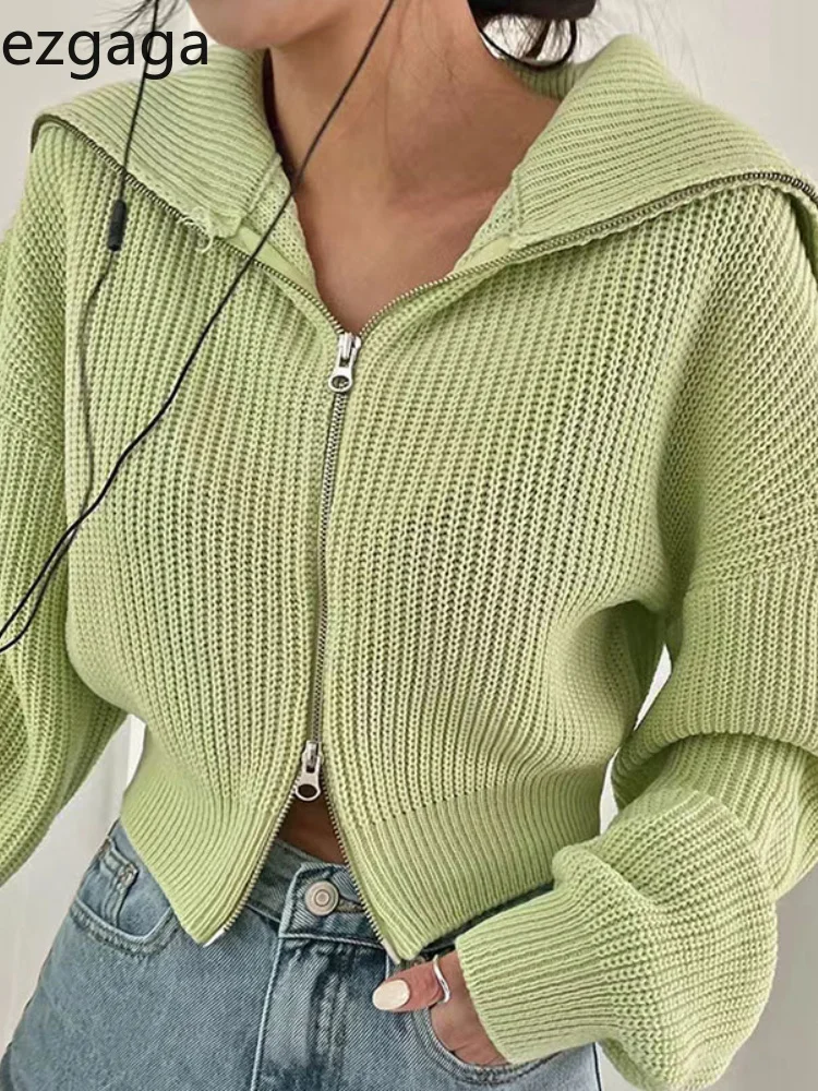

Knitted Women Turn Down Collar Zipper Sweater Loose Long Sleeve Outwear Solid Female Tops Casual Streetwear