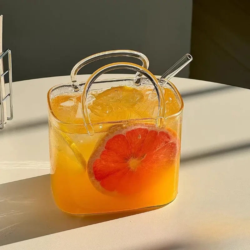 Trendy Glass Handbag Drinkware Set - with Tray, Creative Fruit Juice/Cocktail Cup for Bar/Pub, Stylish Bistro Glassware