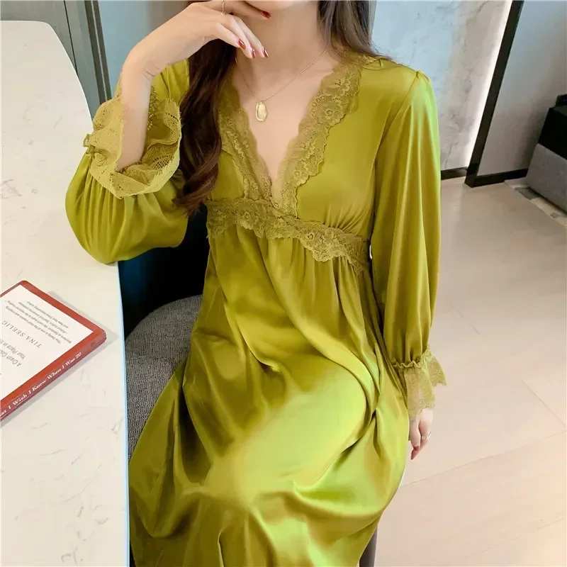 

Pj Pajamas Lace French Retro Nightdress Court Princess Sleepwear Dress Style Sexy Solid Home Color Women's Nightgown Sleeve Long