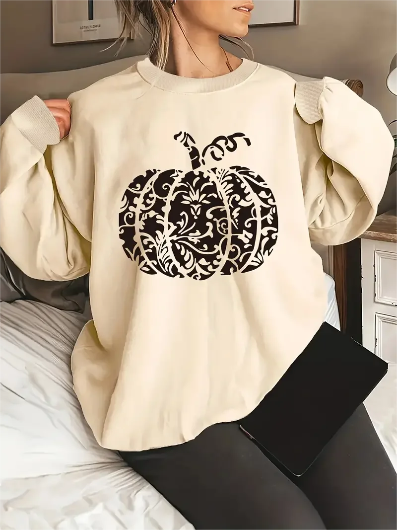Women's Halloween Pumpkin Print Long Sleeve Round Neck Pullover Top, Casual Plus Size Sweatshirt